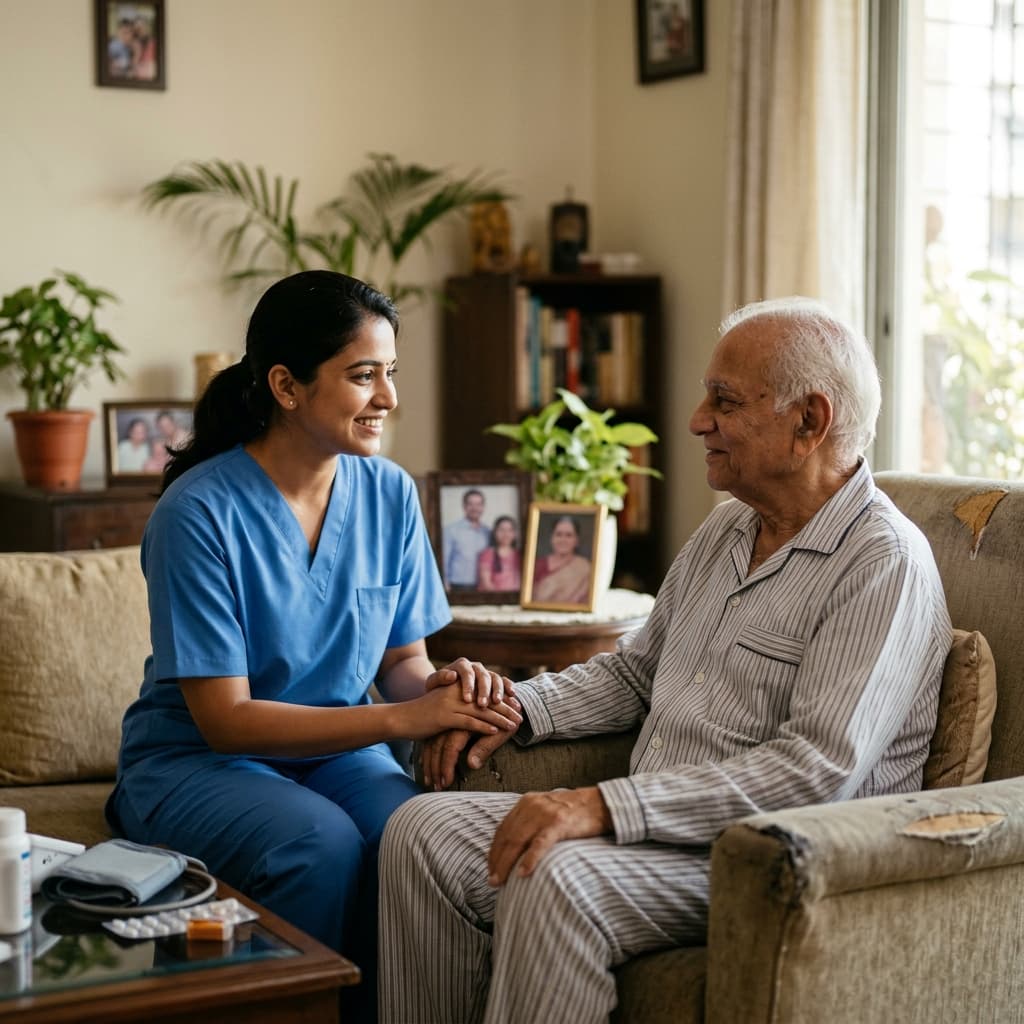 Female Indian nurse caring for male elderly patient at home